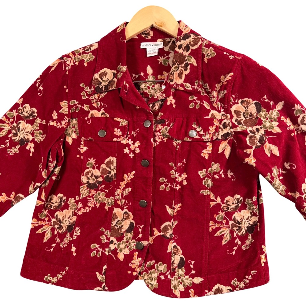Vintage Romantic Whimsigoth Floral Corduroy Jacket Red Cottagecore‎ Button Up M
